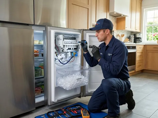 Appliance Repair Hero technician repairing a refrigerator ice maker in Armonk, NY