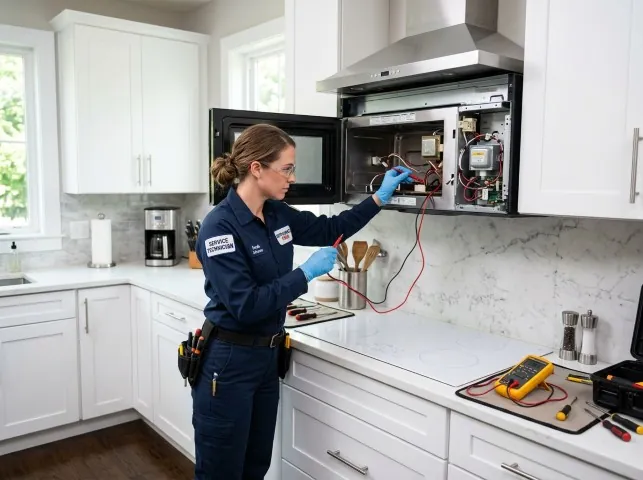 Appliance Repair Hero technician testing an over-the-range microwave in a Armonk, NY kitchen