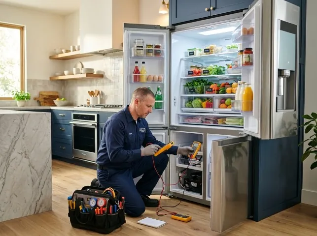 Appliance Repair Hero refrigerator technician testing a fridge on a Armonk, NY service call